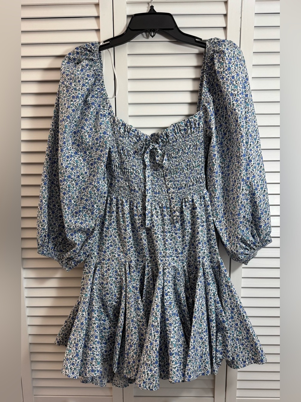 Mable Floral Print Puff Sleeve Babydoll Dress with Front Ribbon Layer Detail M